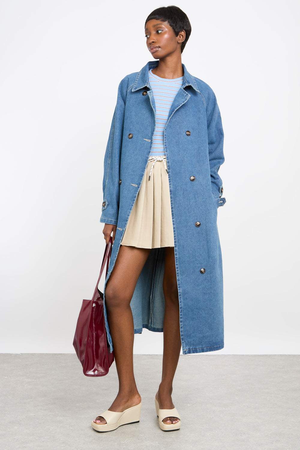 Mid blue pure cotton denim trench coat | Glassworks London