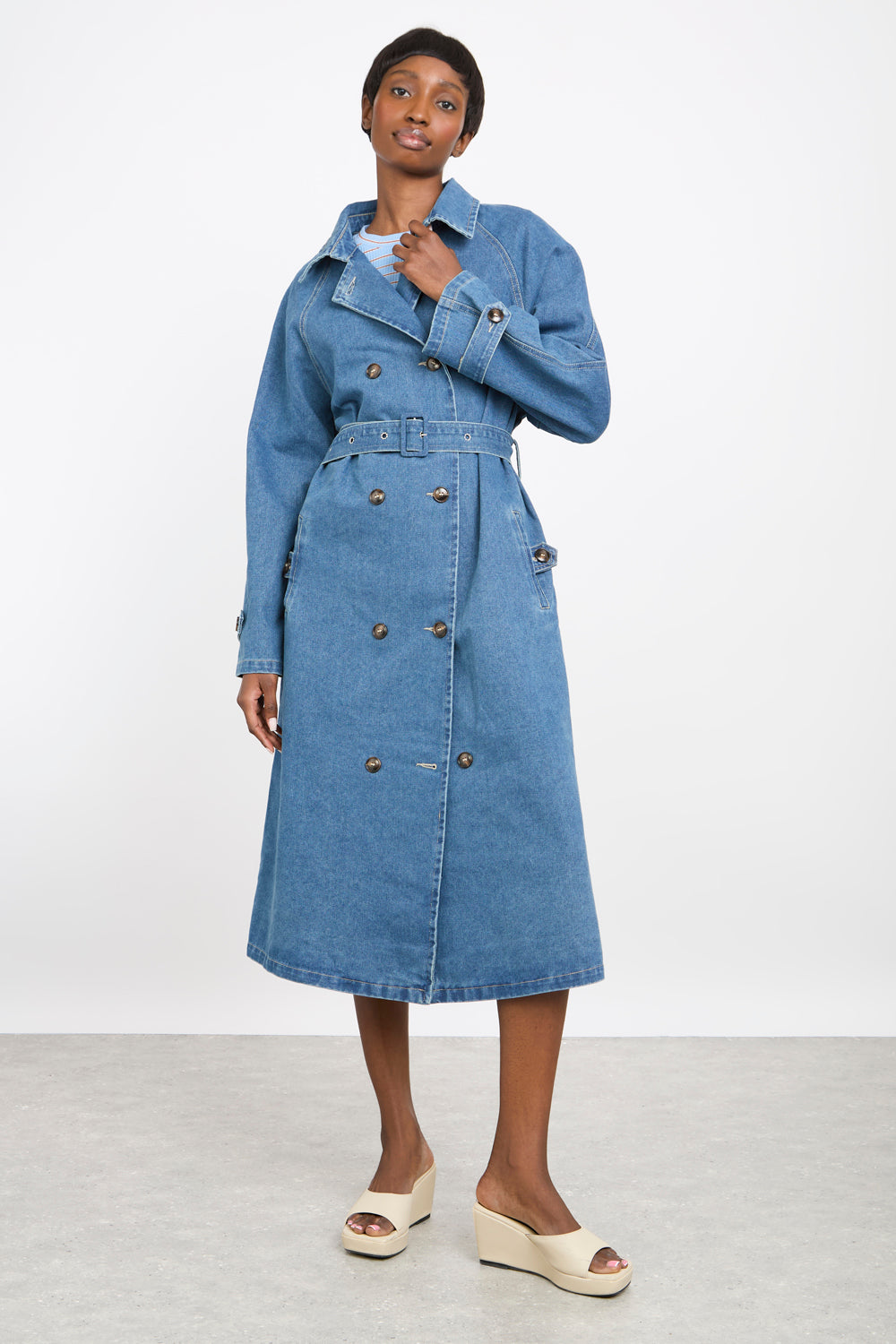 Mid blue pure cotton denim trench coat | Glassworks London