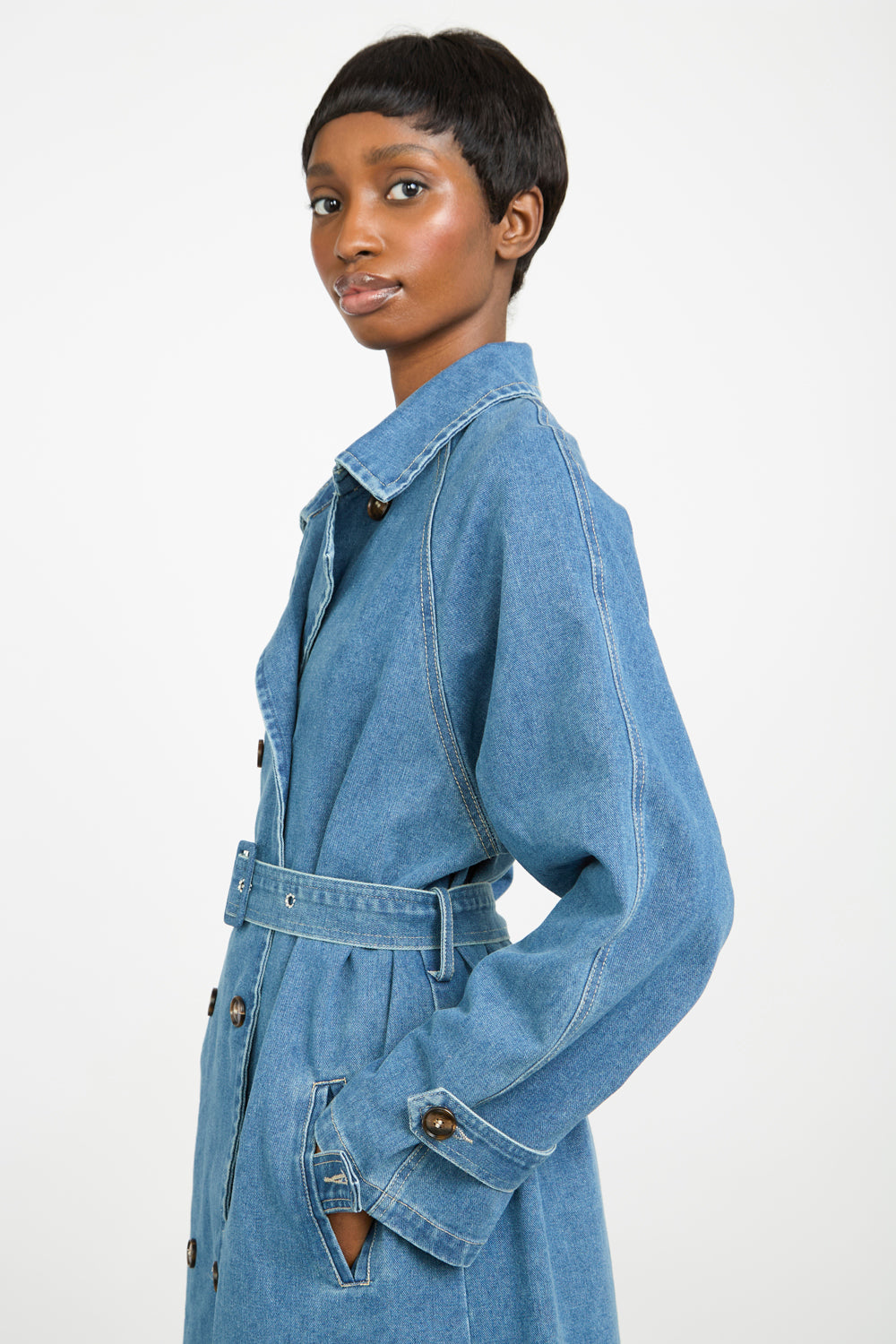Mid blue pure cotton denim trench coat | Glassworks London