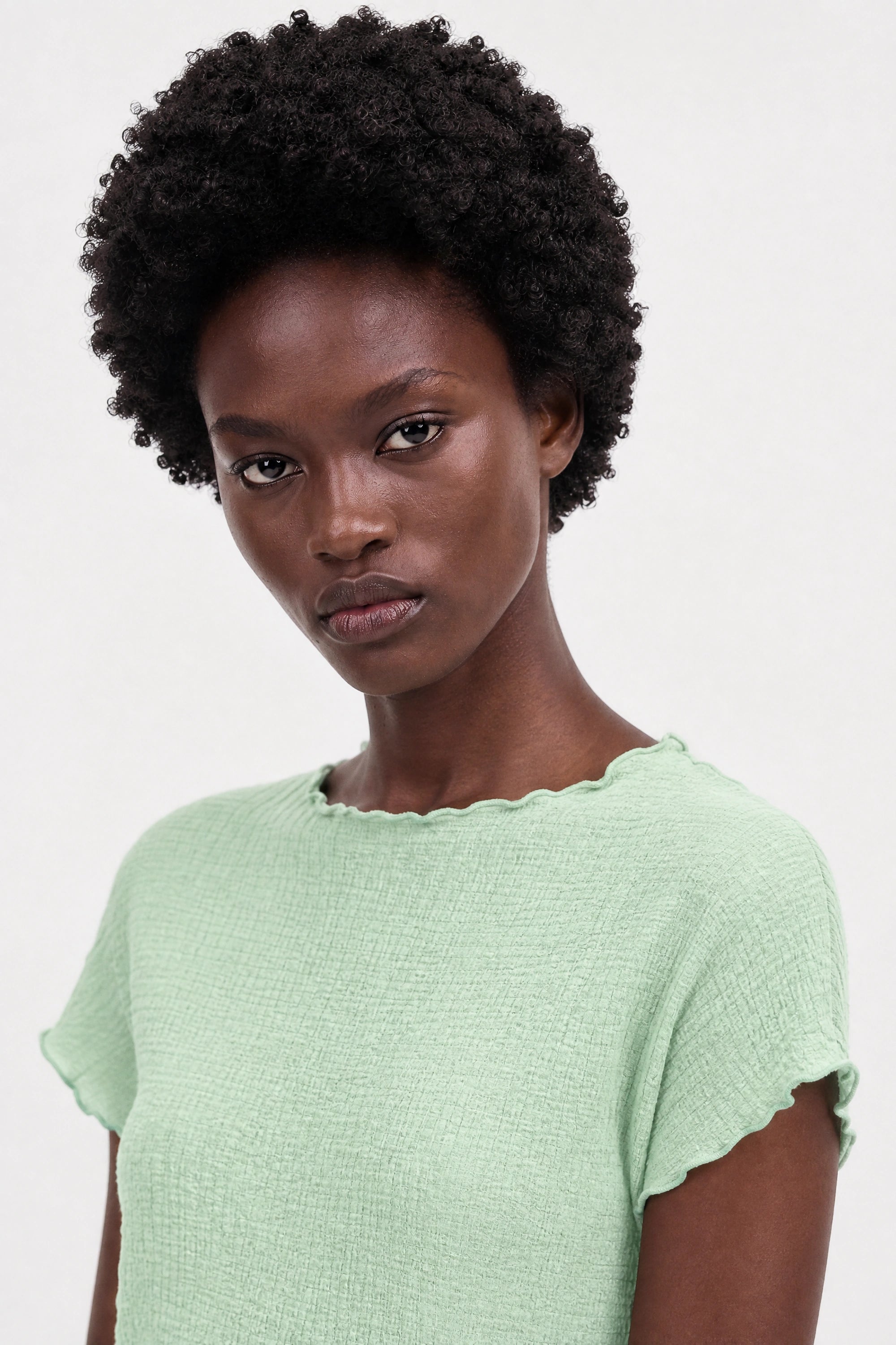 Mint green bubble texture mock neck short sleeve top_3