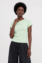 Mint green bubble texture mock neck short sleeve top_1