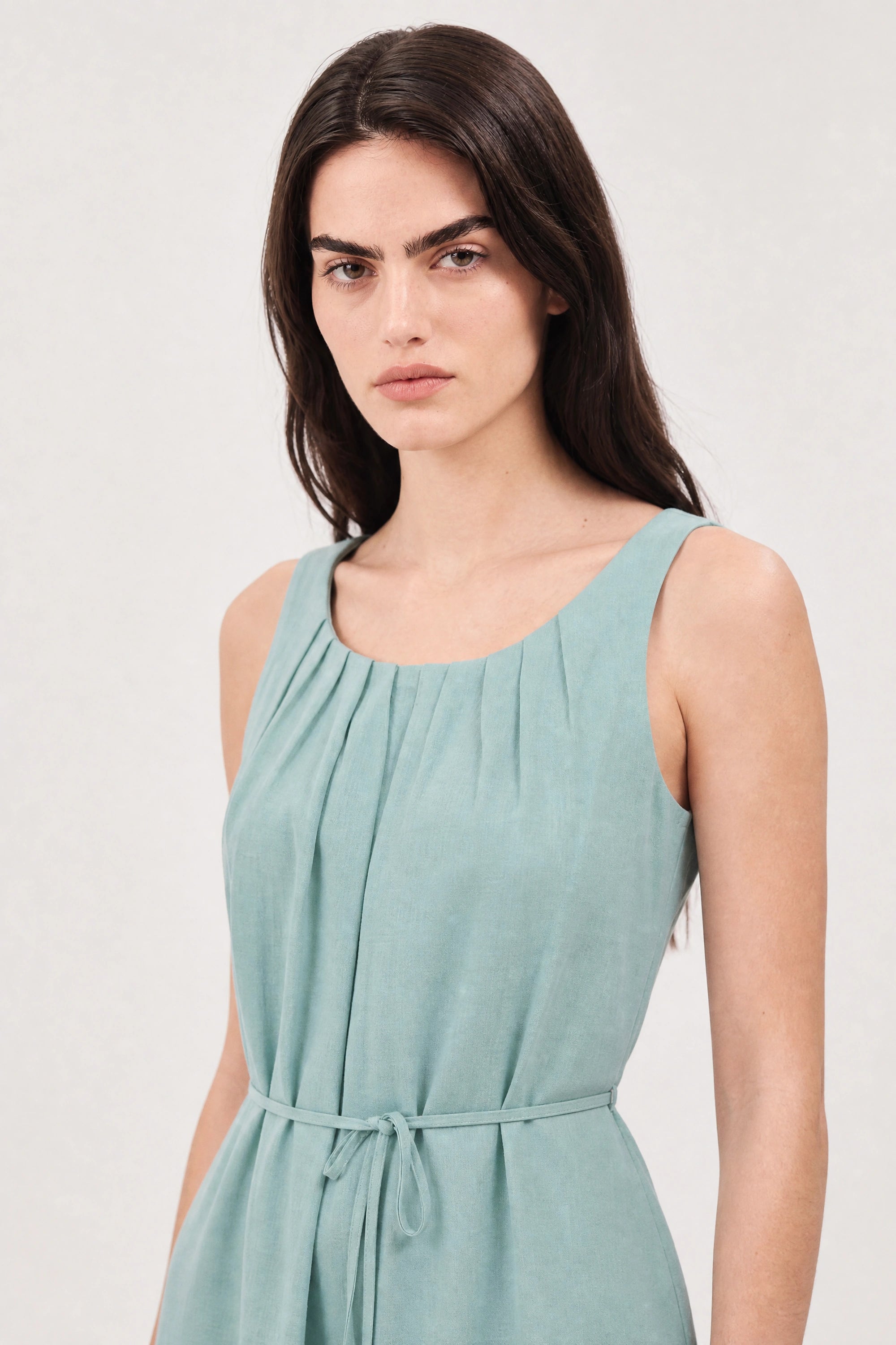 Mint green pleat neck tie waist dress_4