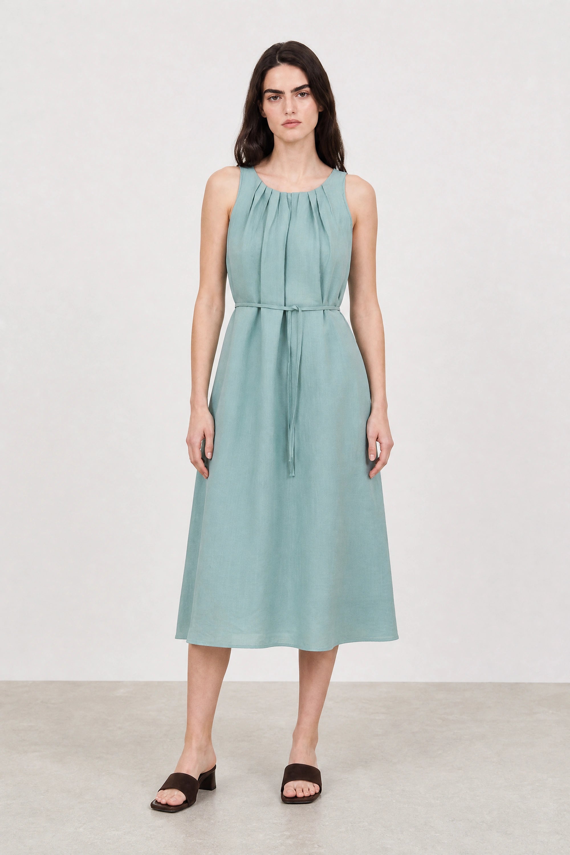 Mint green pleat neck tie waist dress_1