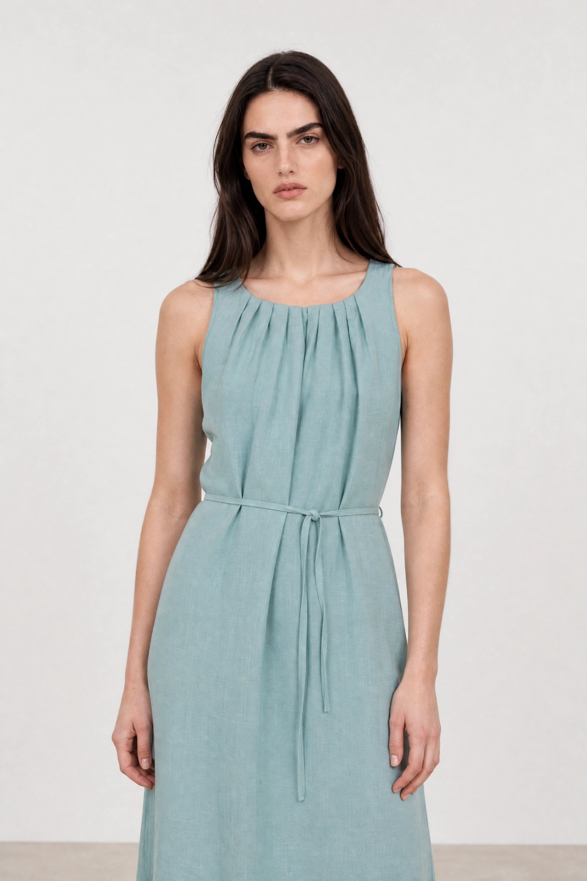 Mint green pleat neck tie waist dress_3