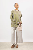 Mint green striped brown contrast collar long sleeve top_4