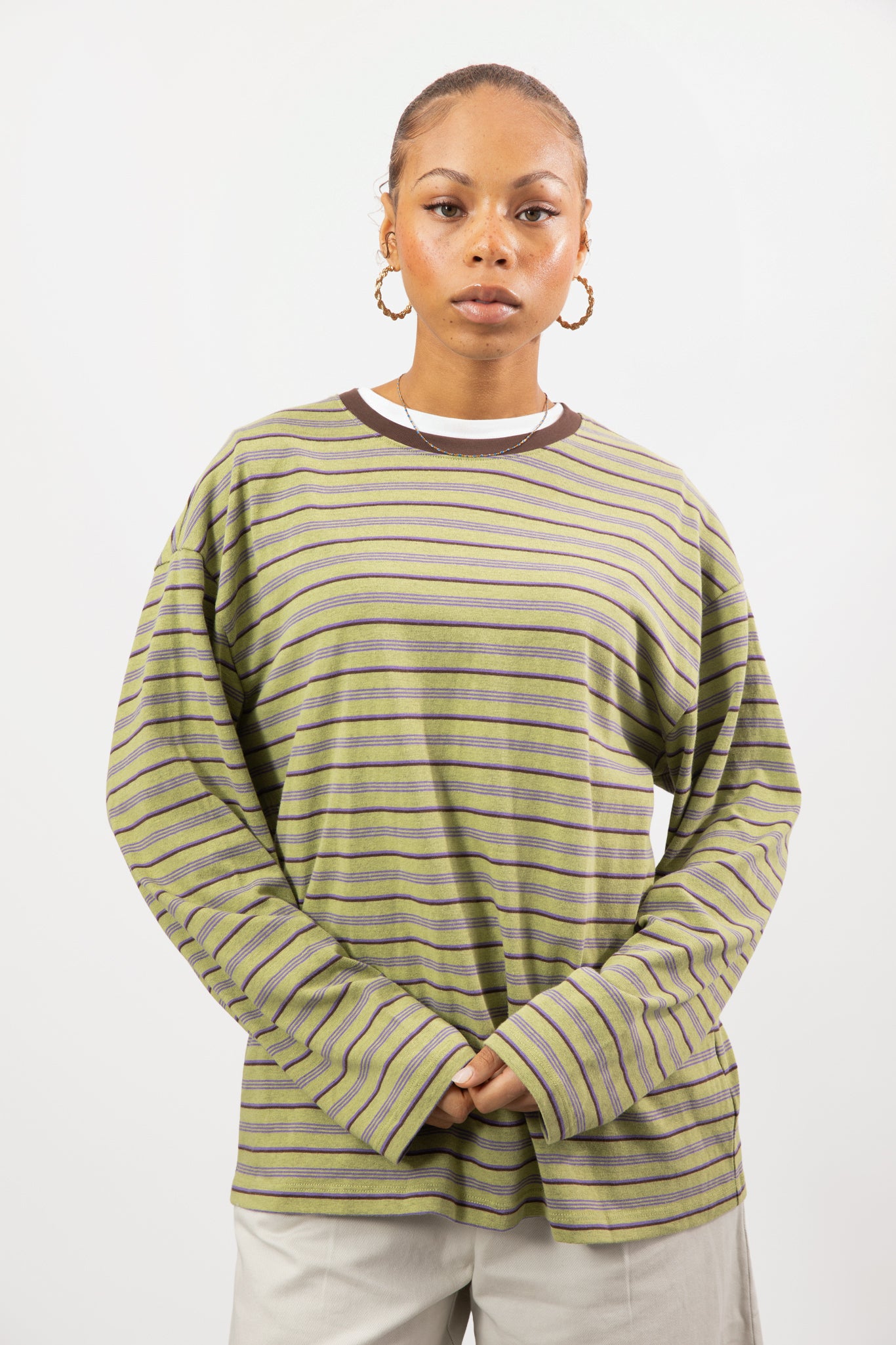 Mint green striped brown contrast collar long sleeve top_1