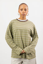 Mint green striped brown contrast collar long sleeve top_1