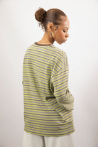 Mint green striped brown contrast collar long sleeve top_2