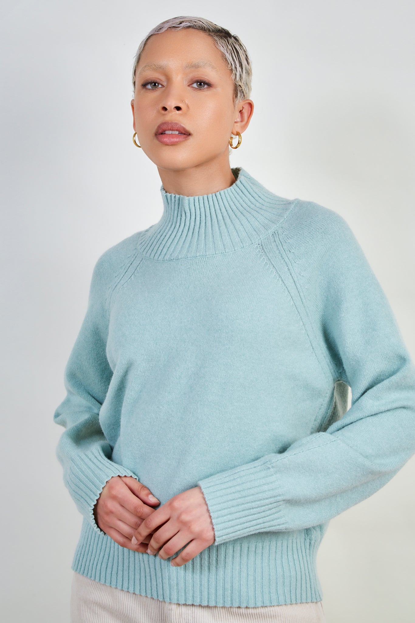 Mint green cashmere blend ribbed neck jumper Glassworks London