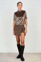 Mocha brown short sleeved velvet mock neck top_5