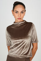 Mocha brown short sleeved velvet mock neck top_1