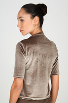 Mocha brown short sleeved velvet mock neck top_2