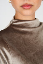 Mocha brown short sleeved velvet mock neck top_3