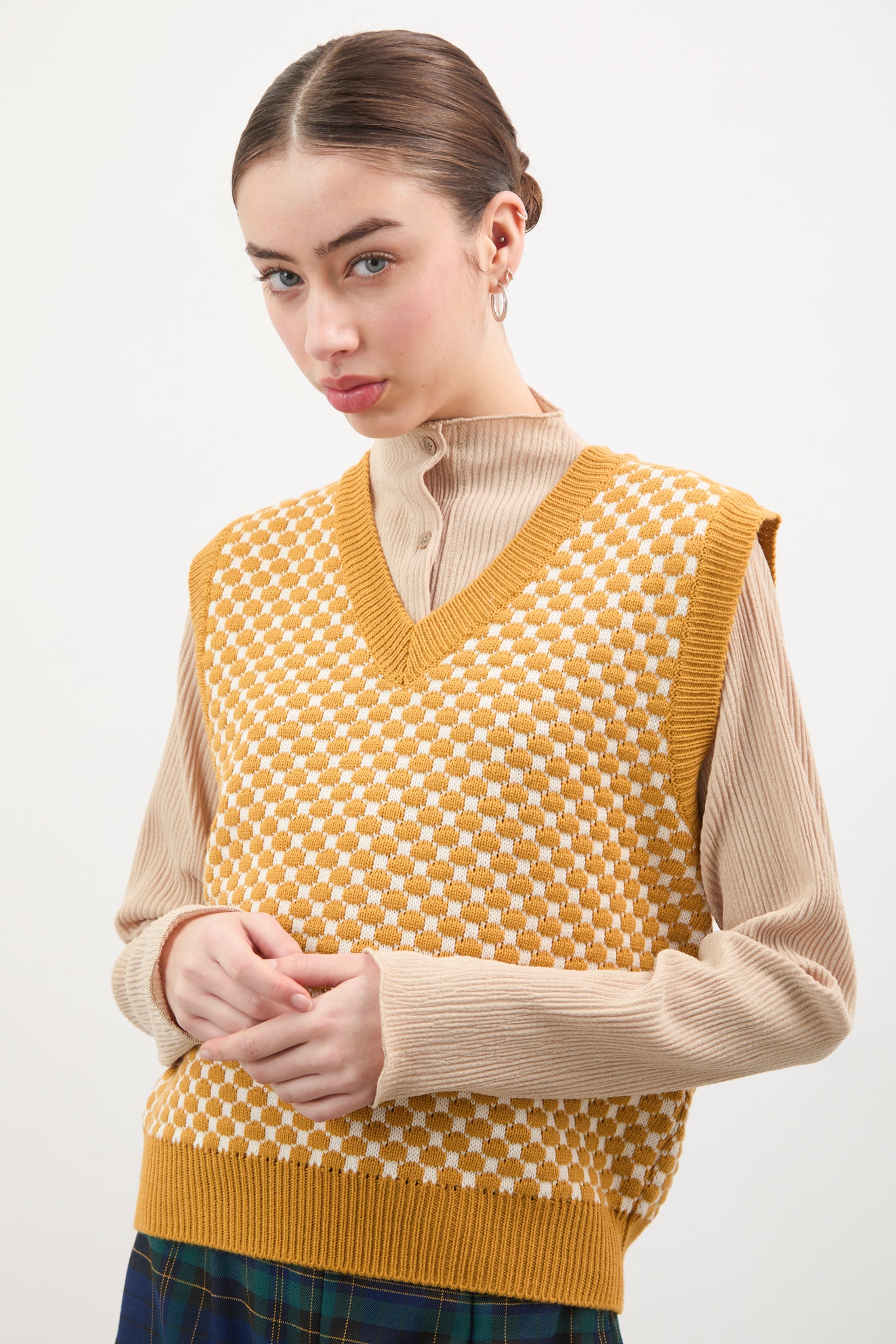 Mustard and ivory intarsia dots sweater vest_1