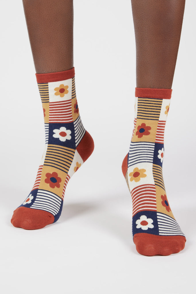 Mustard and blue floral striped check socks_4