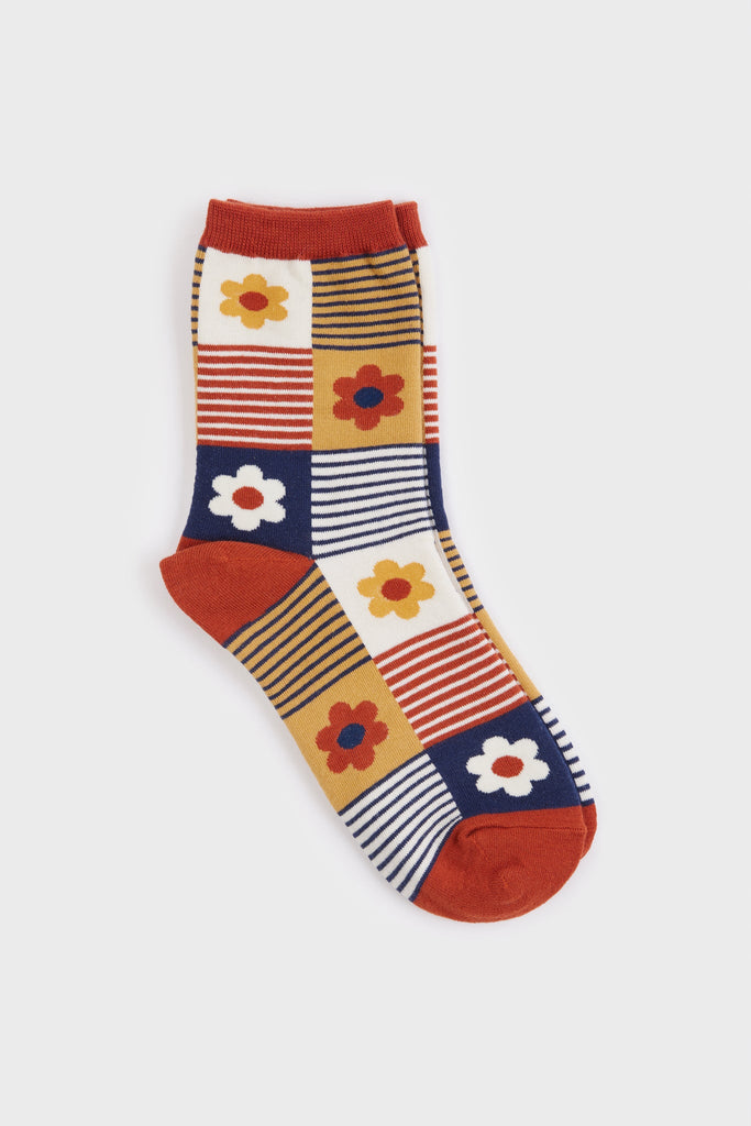 Mustard and blue floral striped check socks_2