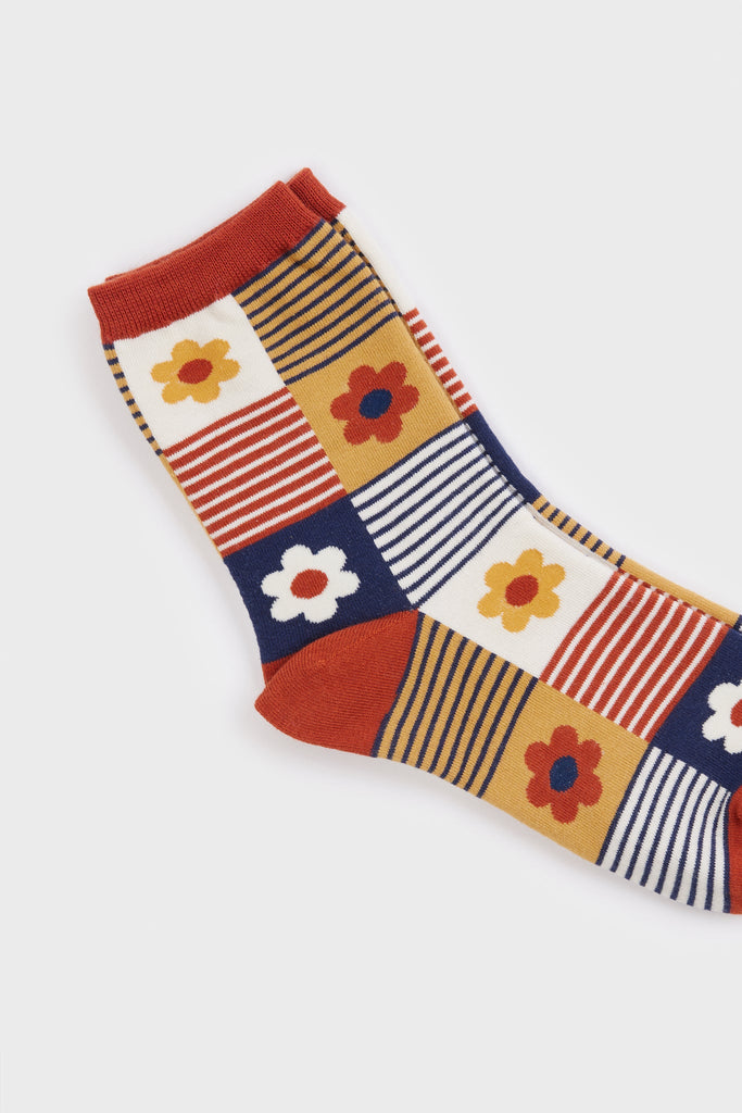 Mustard and blue floral striped check socks_3