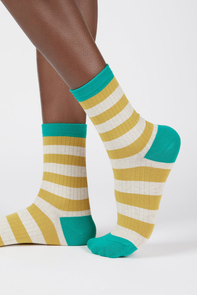 Mustard beige and teal striped socks_1