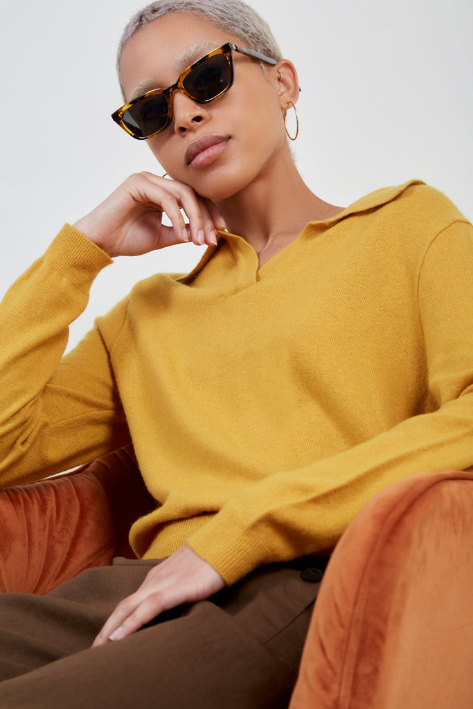 Mustard polo knit top_1