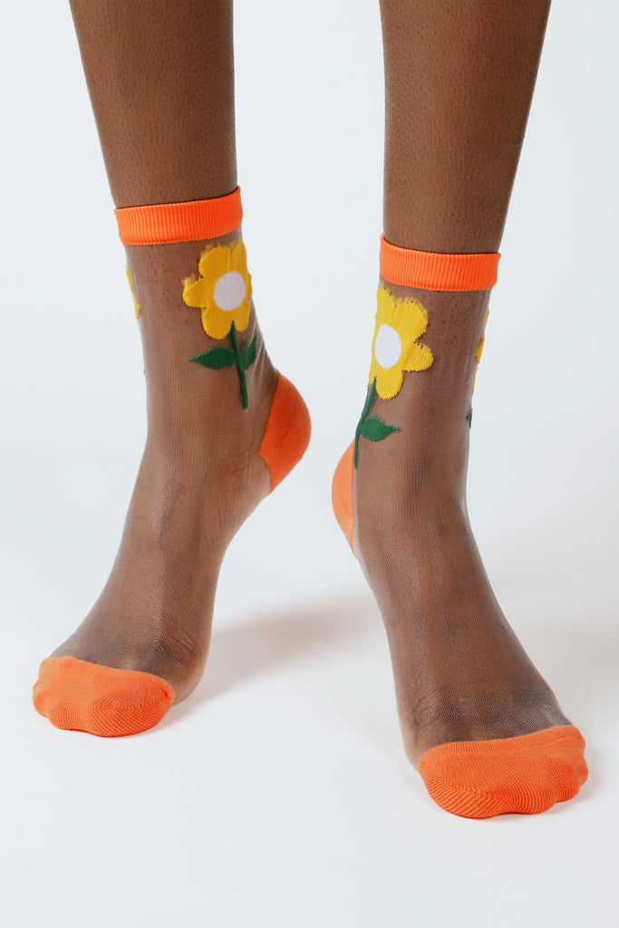 Mustard sheer giant daisy orange trim socks_2