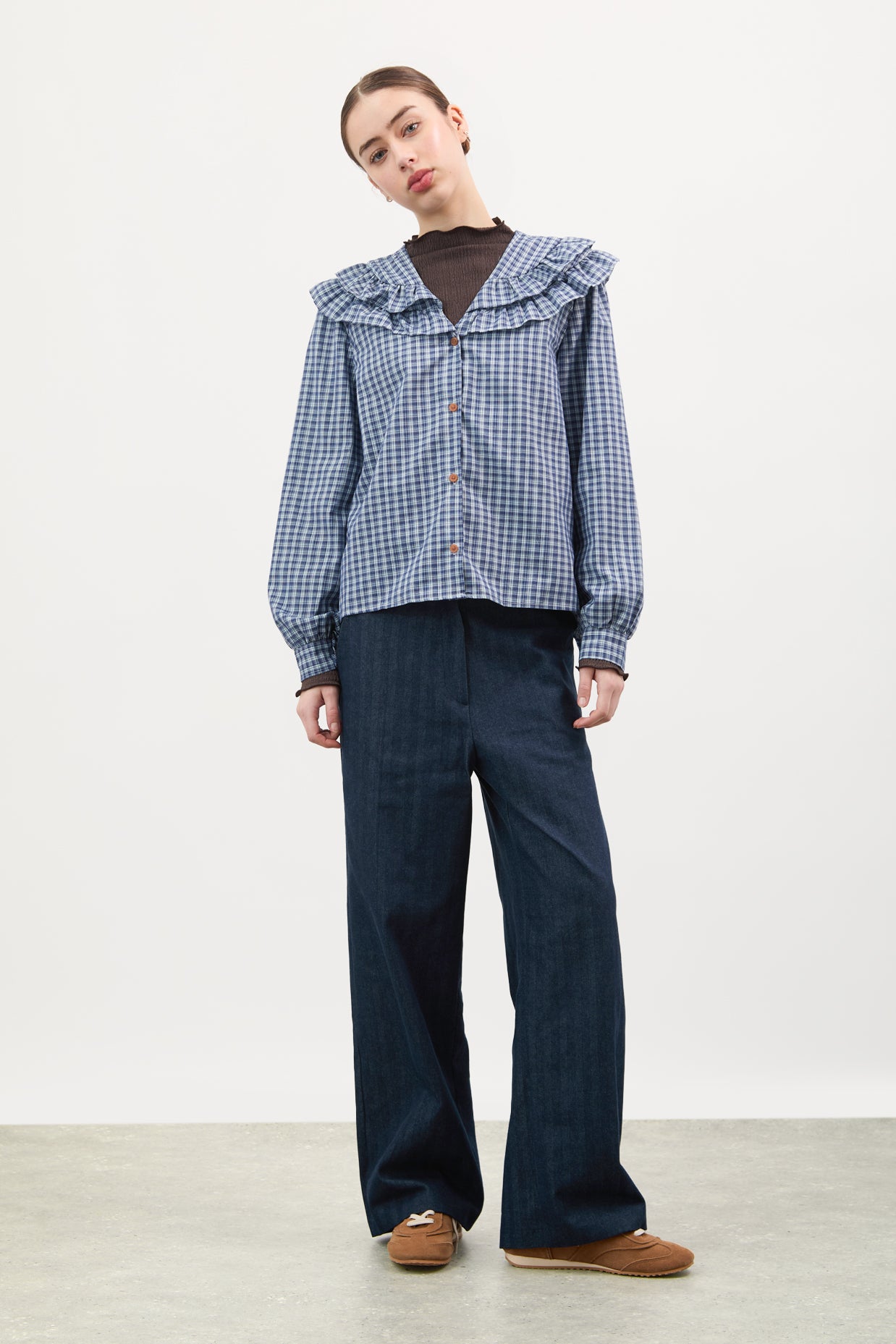 Navy and ivory check double ruffle collar blouse_3