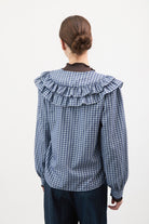 Navy and ivory check double ruffle collar blouse_2