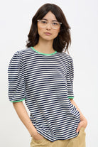 Navy and ivory striped green contrast trim tee_1