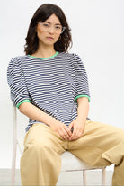 Navy and ivory striped green contrast trim tee_5