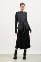 Navy and white contrast stitch cross detail tie waist top_4