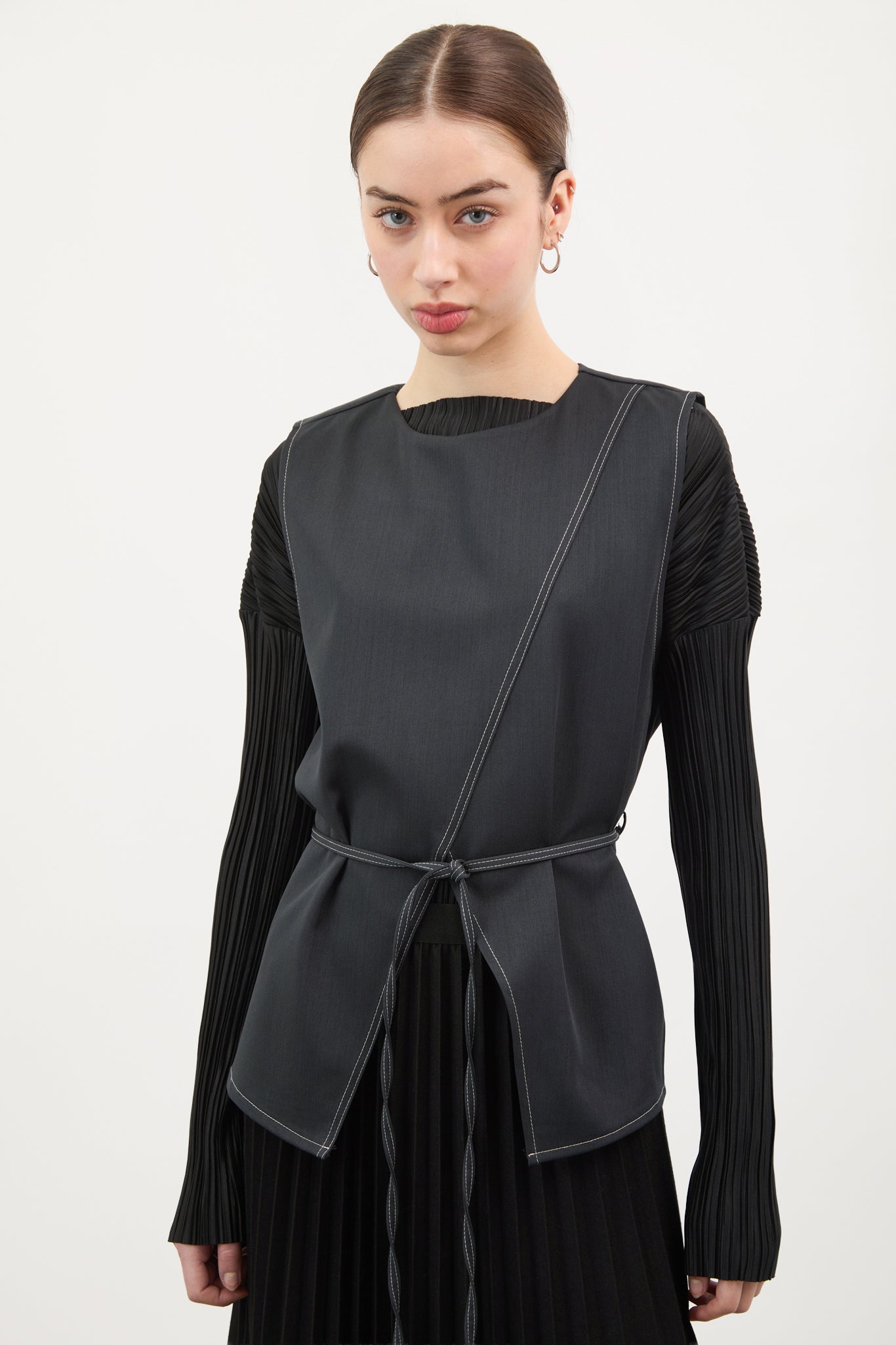 Navy and white contrast stitch cross detail tie waist top_1