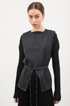 Navy and white contrast stitch cross detail tie waist top_1