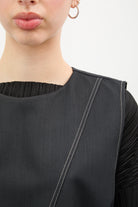 Navy and white contrast stitch cross detail tie waist top_3