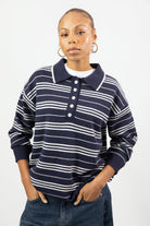 Navy and white striped wool blend knit rugby shirt_1