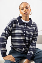 Navy and white striped wool blend knit rugby shirt_5