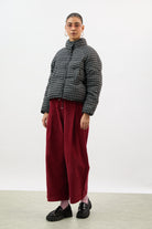 Navy blue and black gingham short puffer coat_6