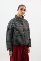 Navy blue and black gingham short puffer coat_2