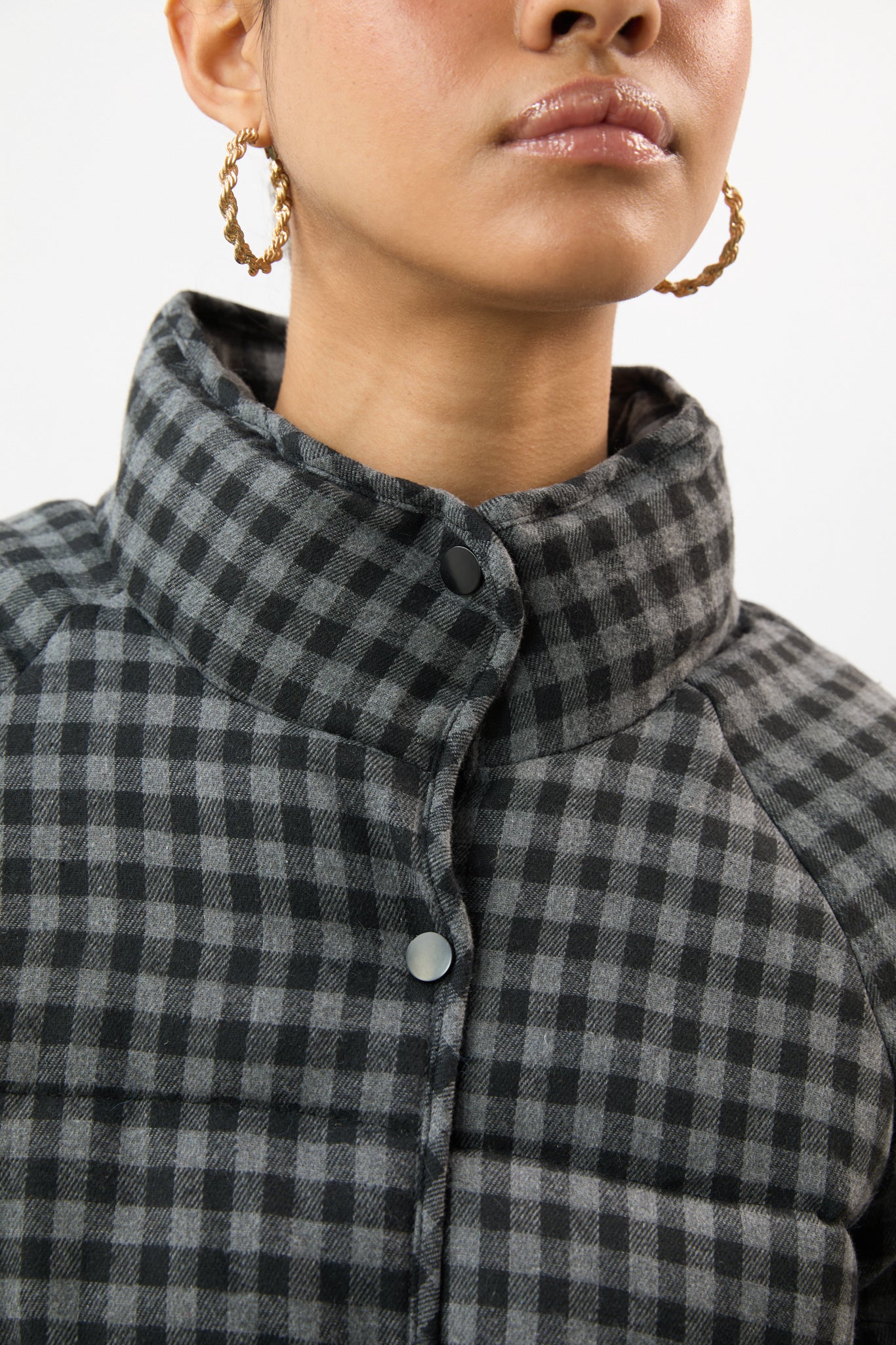 Navy blue and black gingham short puffer coat_5