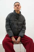 Navy blue and black gingham short puffer coat_1