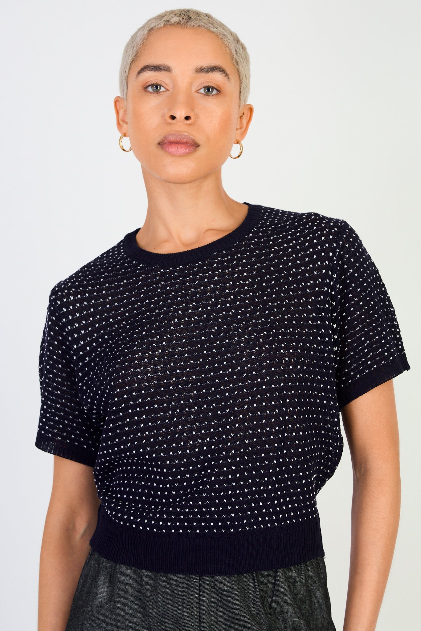 Navy blue and white flecked knit tee_1