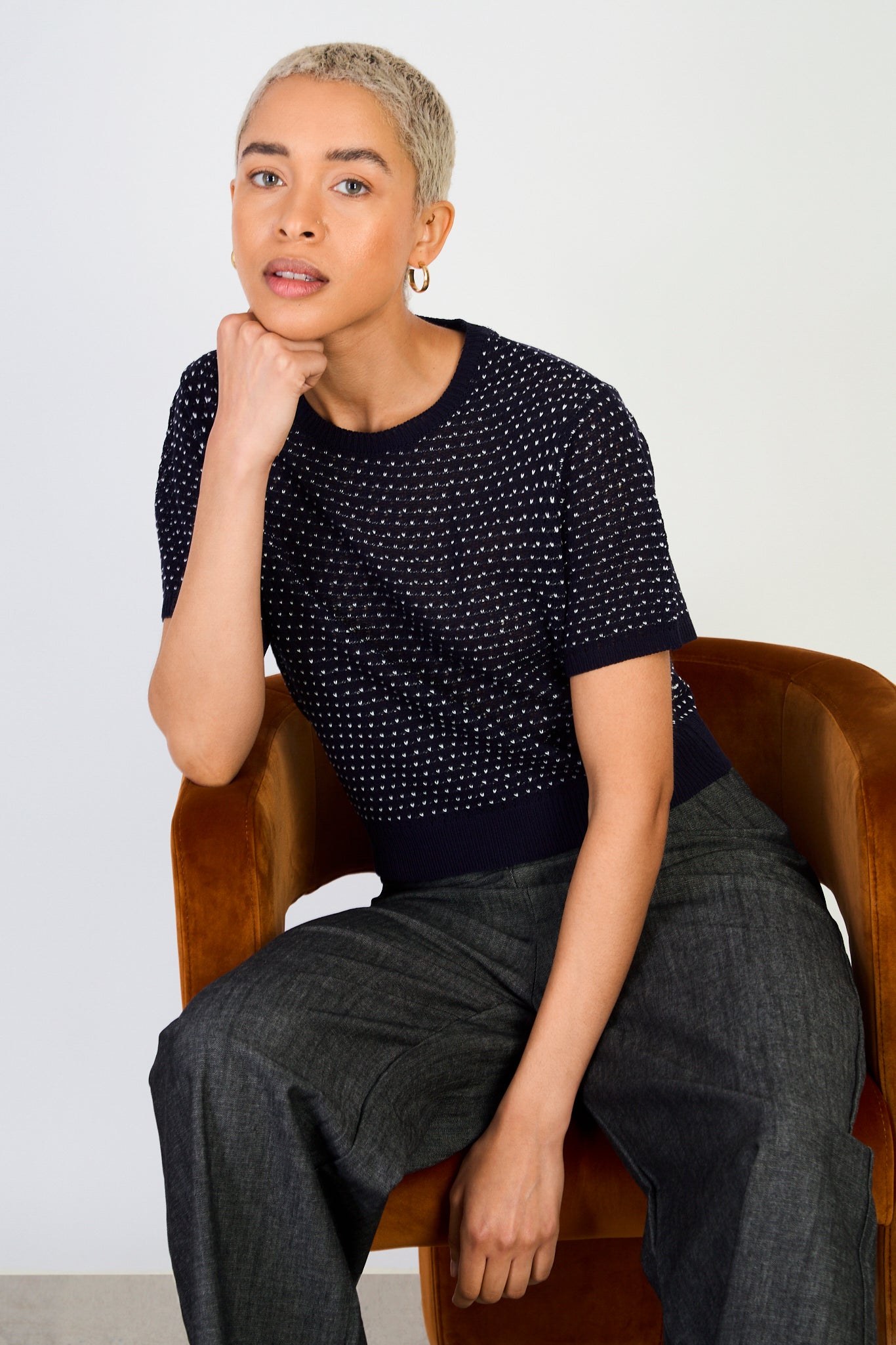 Navy blue and white flecked knit tee_5