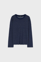 Navy blue and white thin striped linen blend long sleeved tee_1