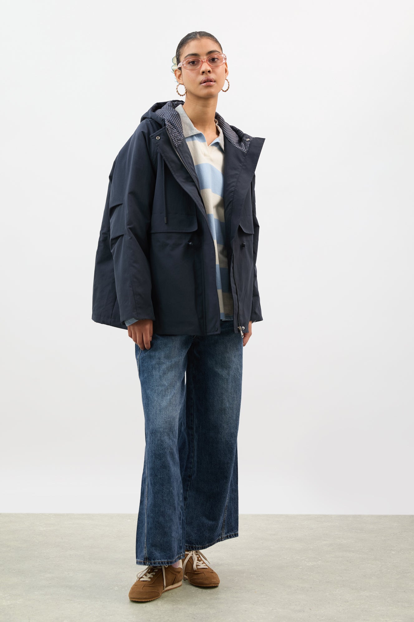 Navy blue checked lining hooded parka_5