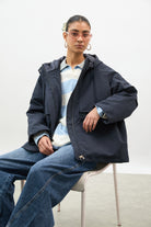 Navy blue checked lining hooded parka_6