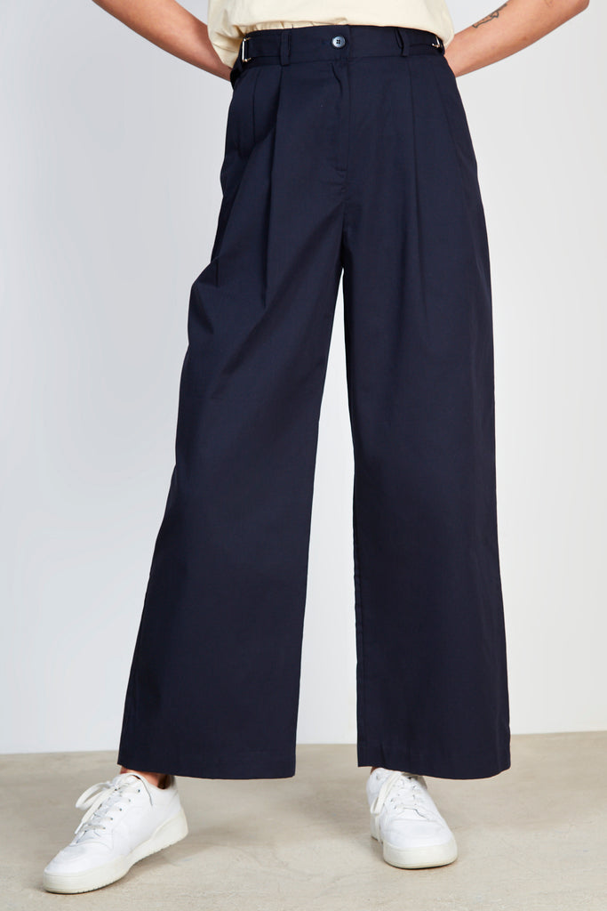 Navy blue cotton twill side cinch trousers_1