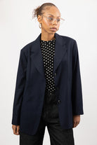 Navy blue curved seam detail blazer_1