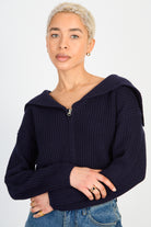 Navy blue ribbed giant collar double zip cardigan_1