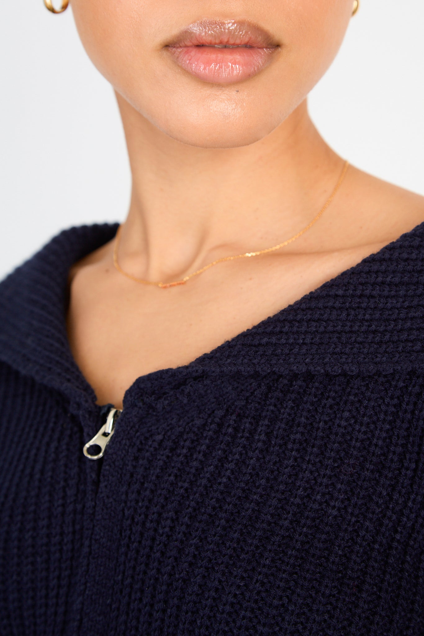 Navy blue ribbed giant collar double zip cardigan_3