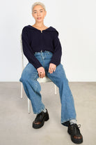 Navy blue ribbed giant collar double zip cardigan_5