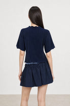 Navy blue ribbed mock neck blouson sleeve top_2