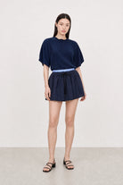 Navy blue ribbed mock neck blouson sleeve top_4